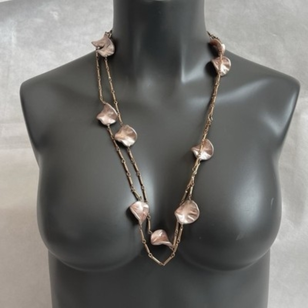 Vintage Rose Gold Tone Shell Petal Metal Beads Statement Necklace 59"